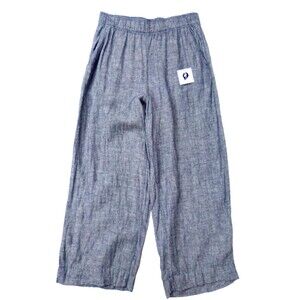 Tahari Women's Linen Elastic Waist Wide Leg 2 Pockets Blue Pants Size Medium